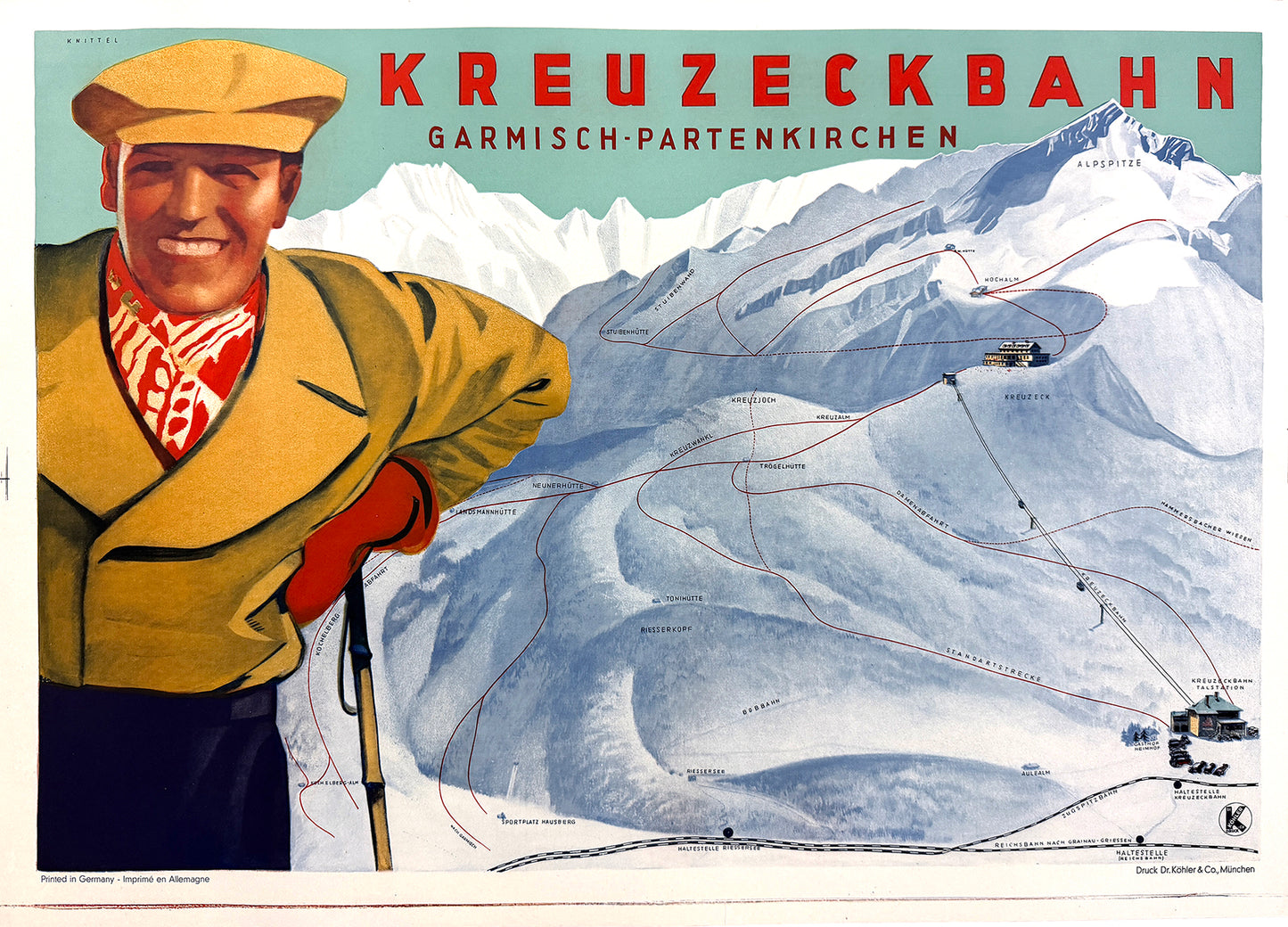 Original Vintage Kreuzeckbahn - Garmisch Poster by Hugo Knittel c1930