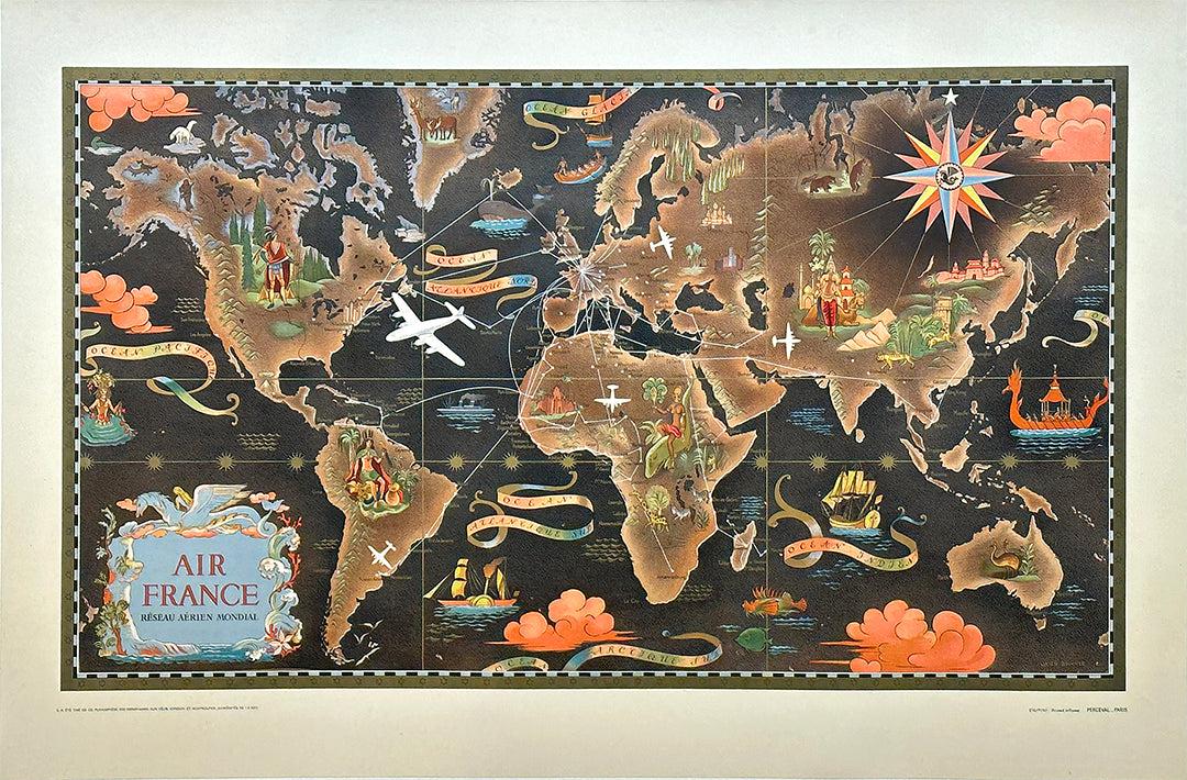 Original Air France Planisphere Brown Vintage Map by Lucien Boucher 1948