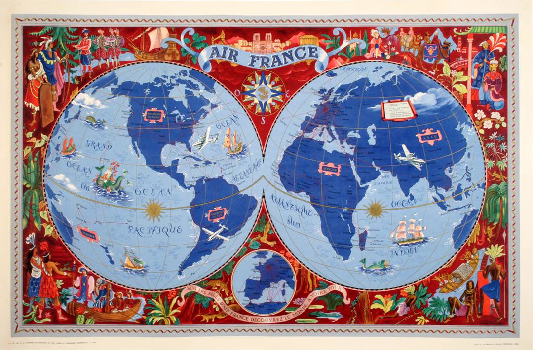 Original Air France Map - Burgundy Small by Lucien Boucher 1952