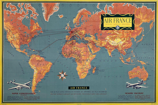 Original Vintage Air France World Route Map Vickers Viscount Poster 1956 Constellation