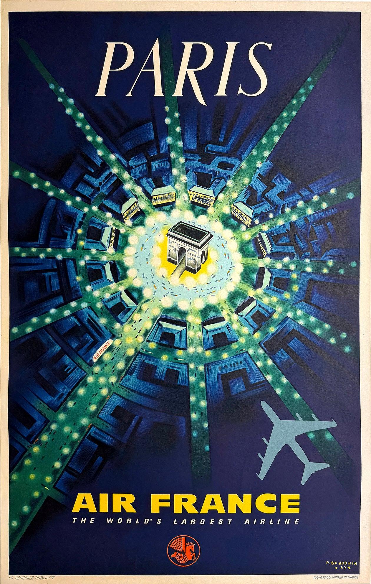 Original Vintage Air France Arc de Triomphe Paris Poster by Baudouin 1963