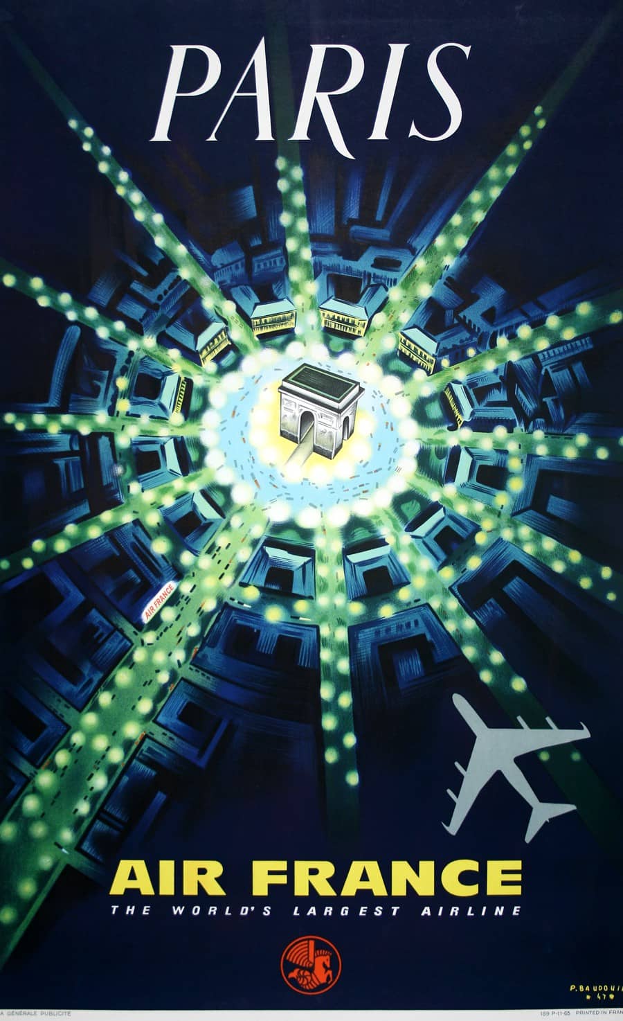 Original Vintage Air France _ Paris Arc De Triomphe Poster 1963 by Pierre Baudoin