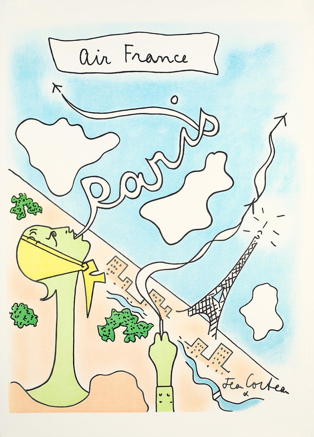 Original Vintage Air France Paris Poster by Jean Cocteau c1955