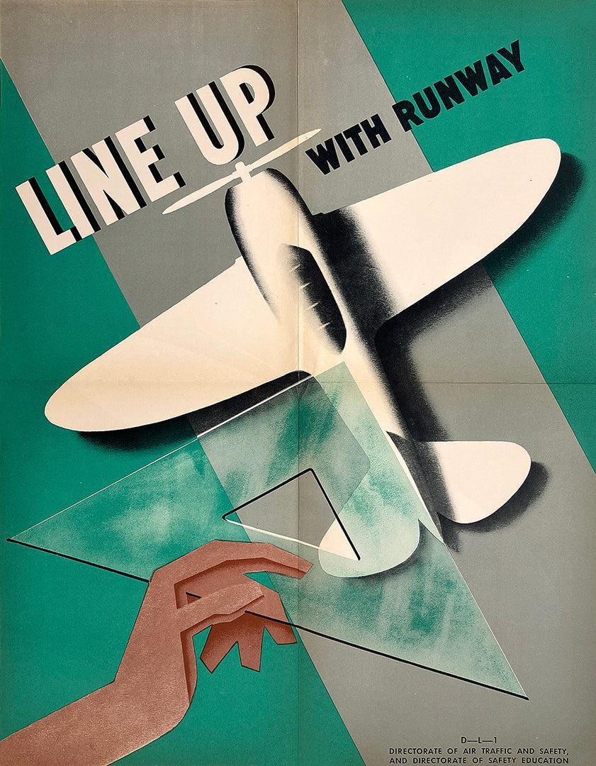 Original Vintage Airplane Safety Poster Line Up with Runway c1942