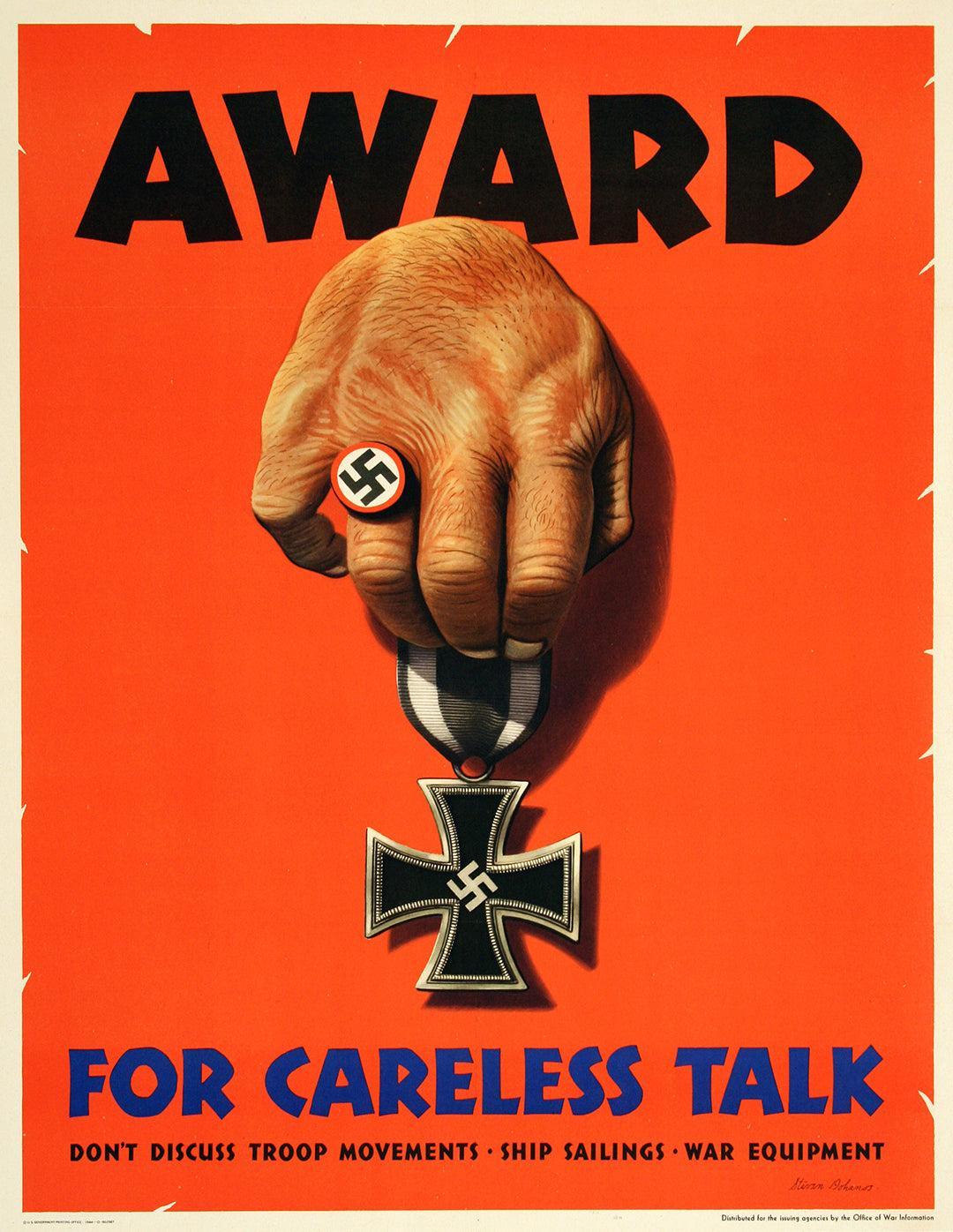 Original Vintage WWII Poster by Steve Dohanos - Award for Careless Talk c1943