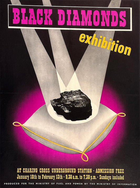 Original Vintage British WWII Poster Black Diamonds Exhibition for Coal at Charing Cross