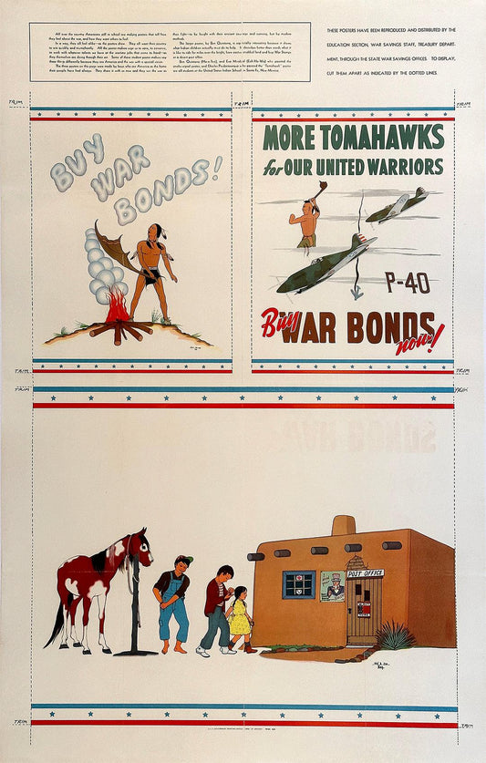 Original Vintage Three-in-One WWII Poster Native Americans Buy War Bonds