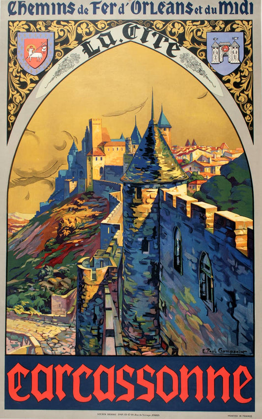 Original Vintage French Travel Poster Carcassone by Champseix 1919