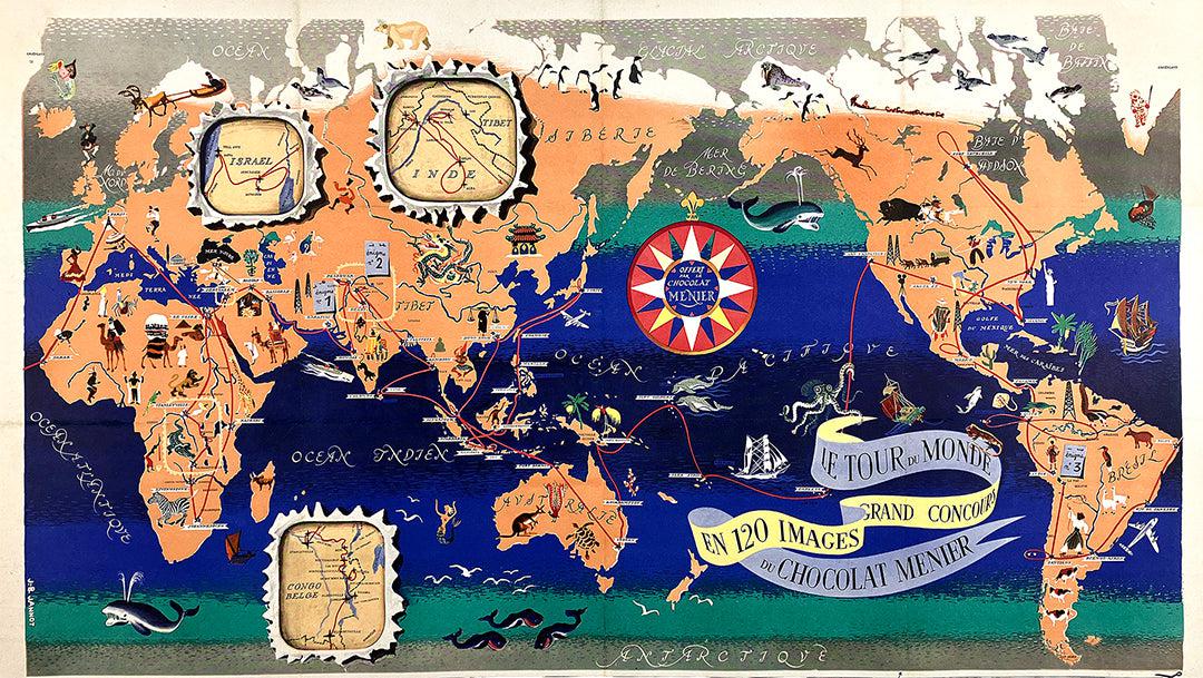Original Vintage Chocolat Menier Le Tour de Monde Poster by Jannot 1956 Chocolate Map