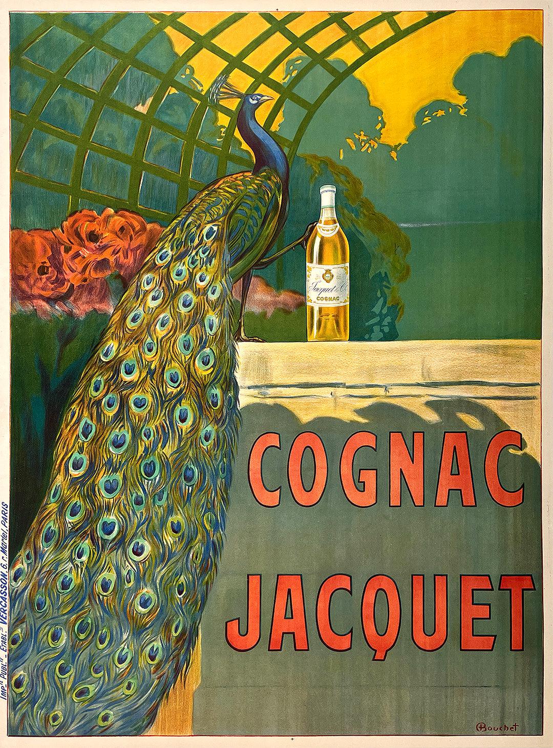 Original Vintage Cognac Jacquet Poster c1910 French Peacock by Camille Bouchet