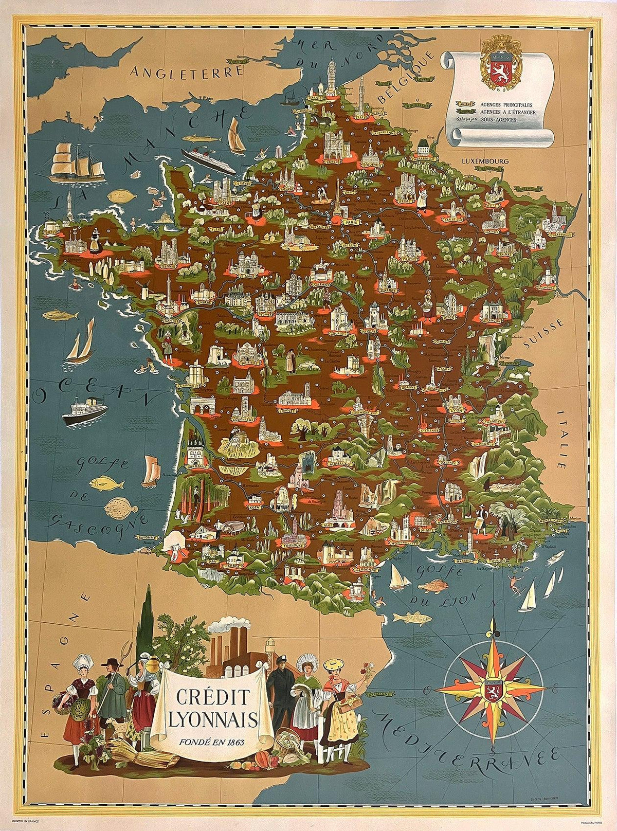 Original Vintage Credit Lyonnais France Poster Map by Lucien Boucher C1950