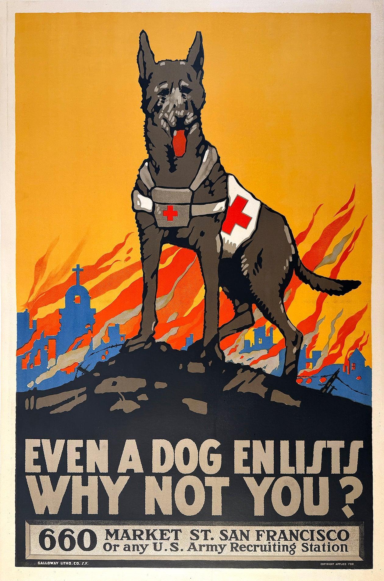 Original Vintage Even A Dog Enlists Why Not You? WWI Poster by Mildred Moody C1915