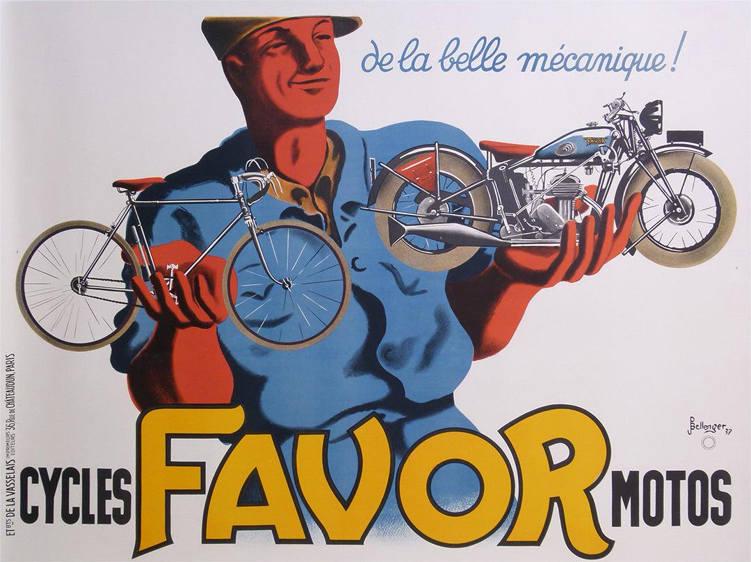 Favor Bicycle and Motorcycle Original Vintage Poster 1937 by Bellenger