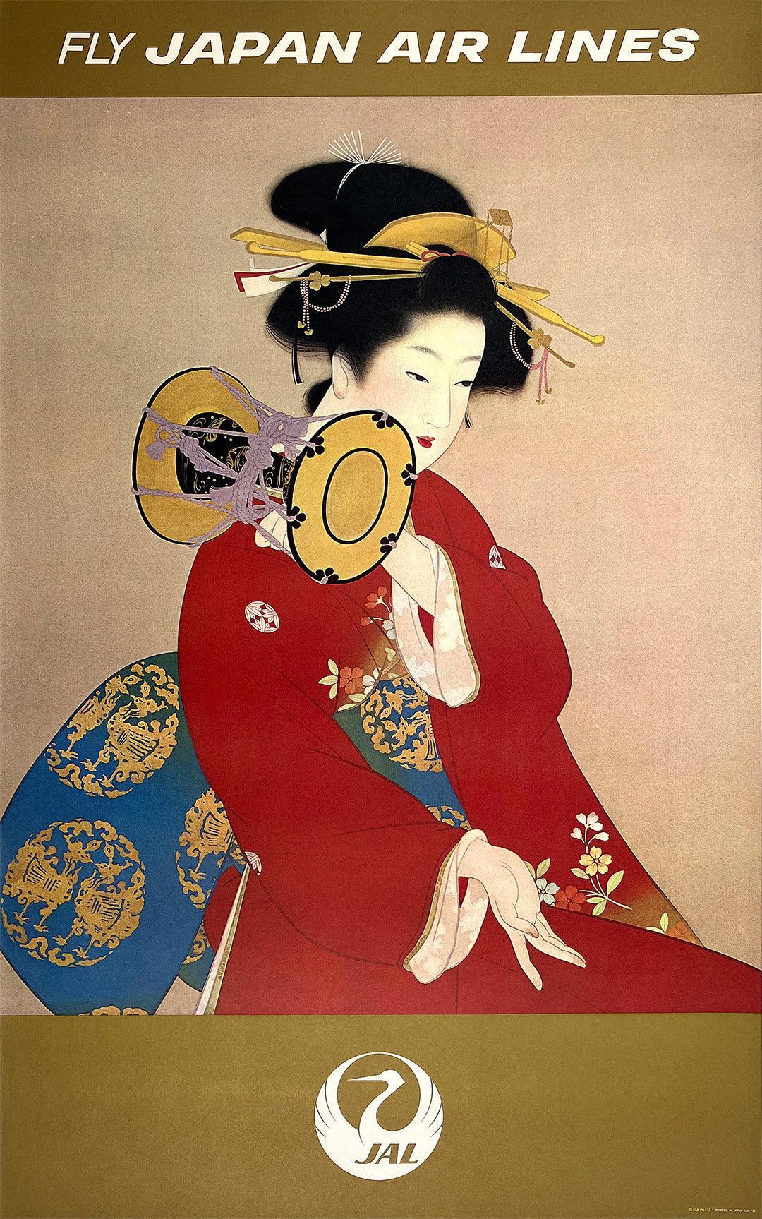 Original Vintage Japan Air Lines Poster - Geisha Holding Drum by Shoen Uemura 1968