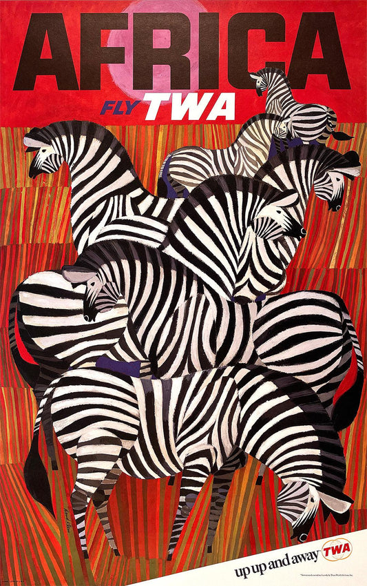 Original Vintage Fly TWA Africa Zebras Poster by David Klein c1960 Up Up and Away