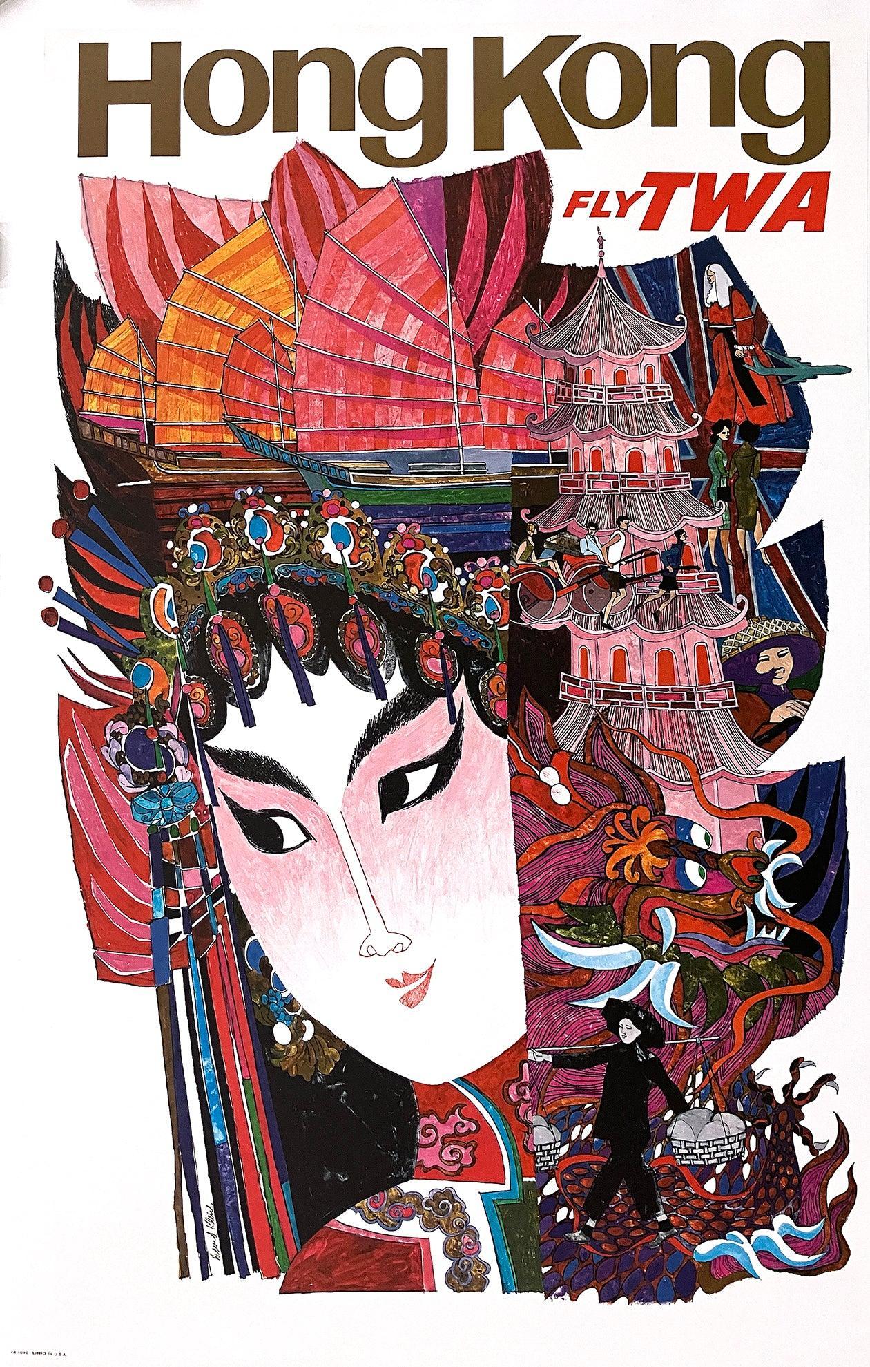 Original Vintage David Klein Fly TWA Hong Kong Poster c1960