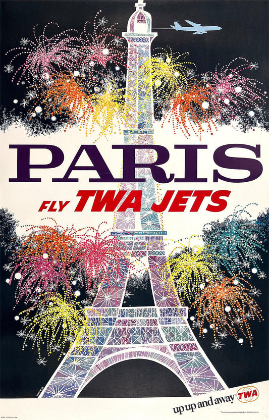 Original Vintage Fly TWA Jets Paris Poster by David Klein c1960 Eiffel Tower Up Up and Away