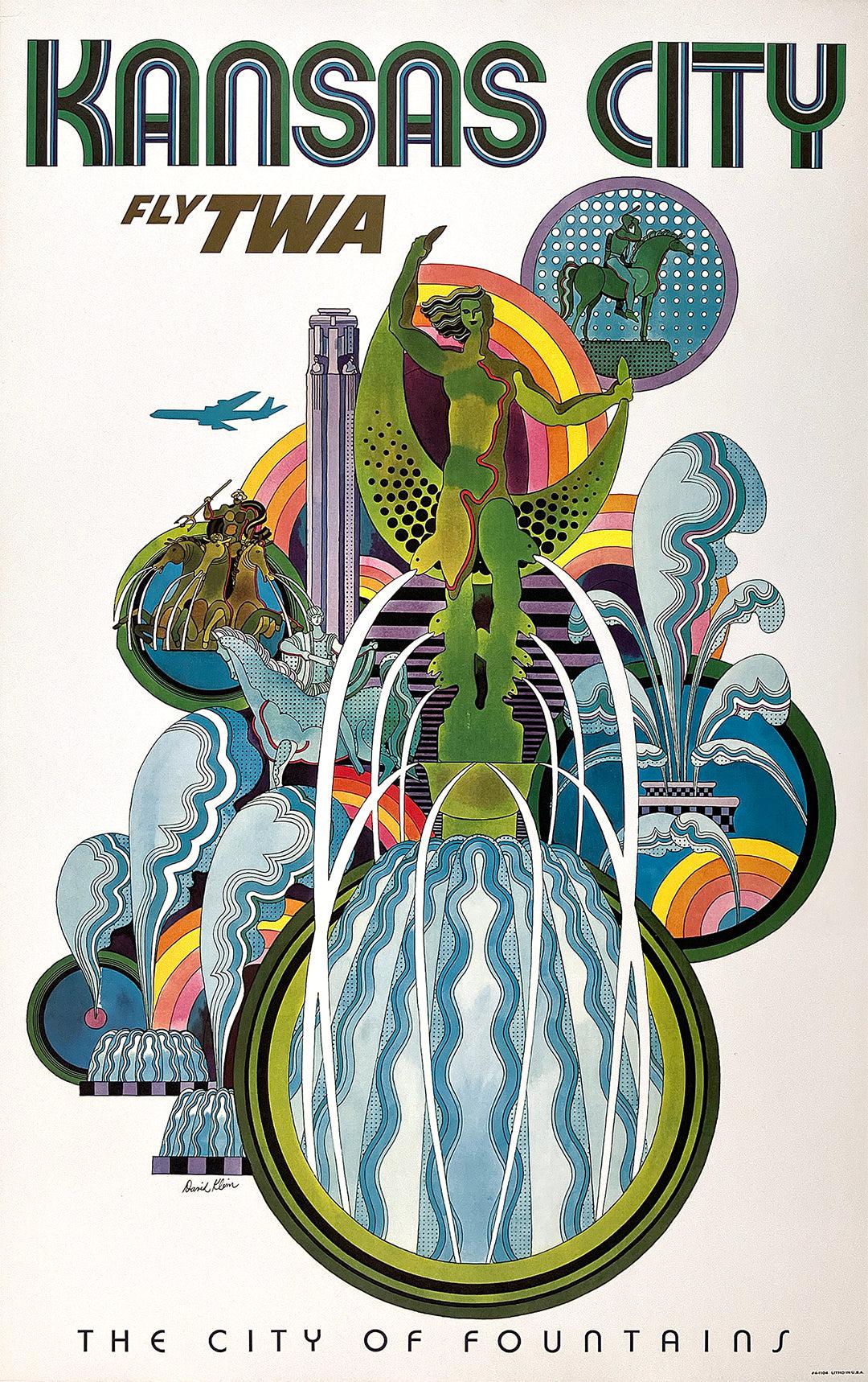 Original Vintage TWA Kansas City Missouri Poster by David Klein c1960 City of Fountains