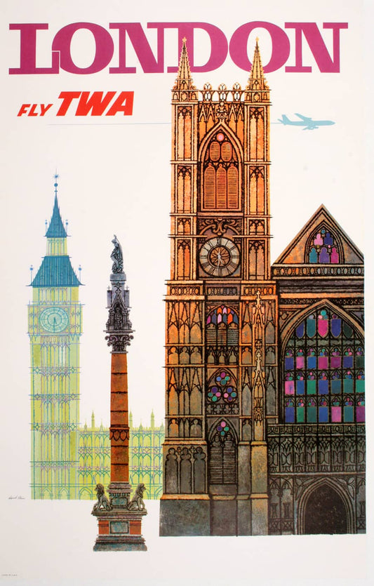 Original David Klein c1955 Poster - Fly TWA London - Big Ben