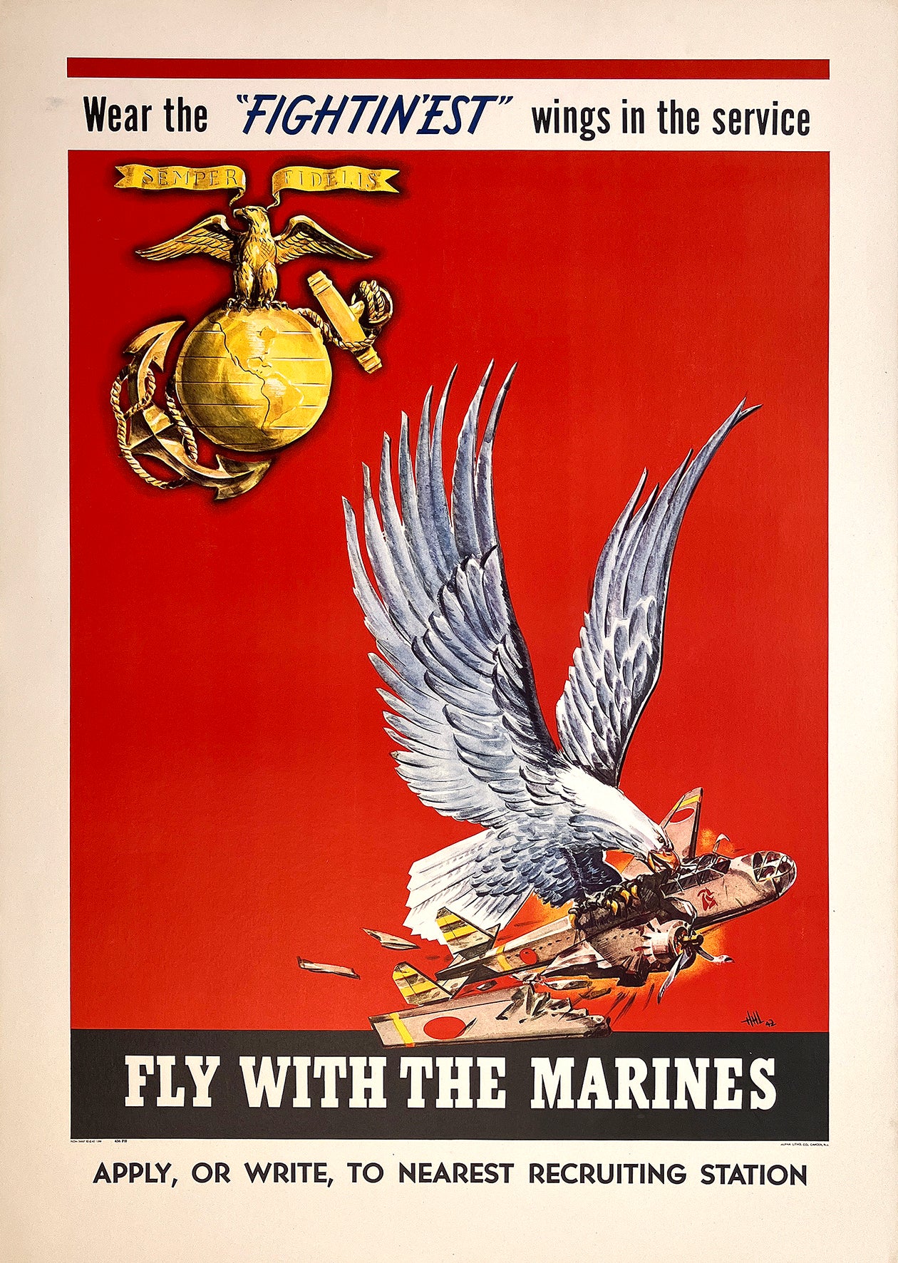 Original Vintage Fly With The Marines - Wear the Fightin'est Wings in the Sevice Poster 1942 by H.H.L.