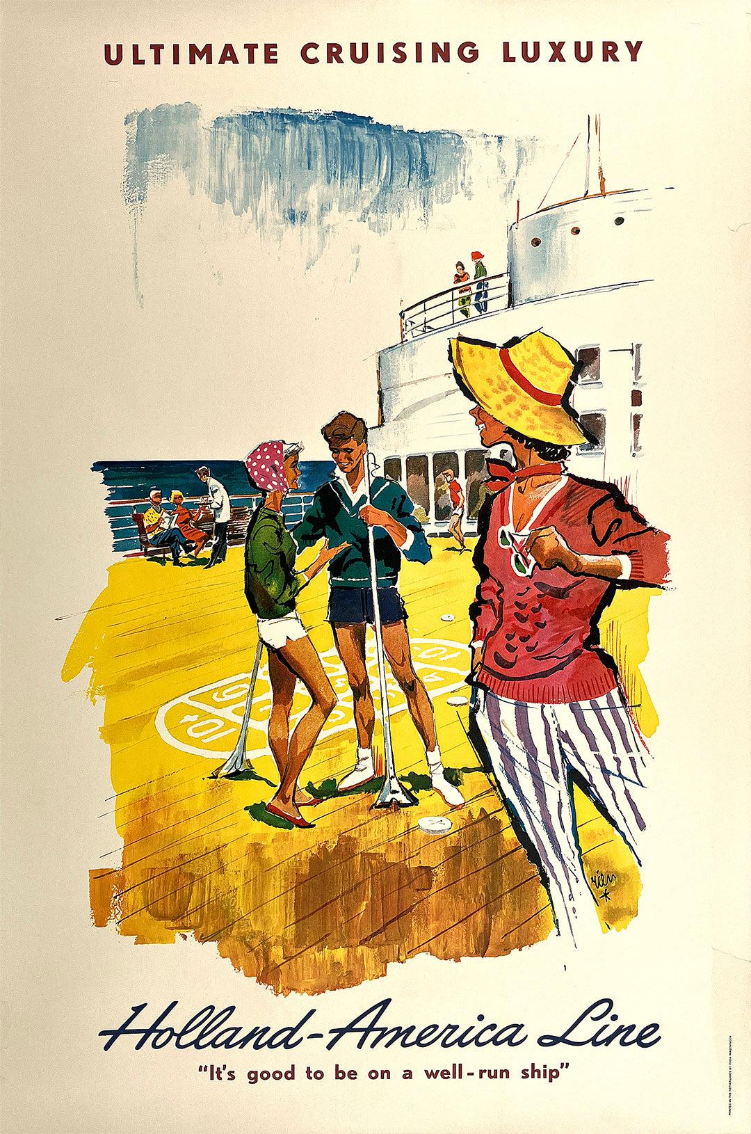 Original Vintage Holland America Line Ultimate Cruising Luxury by Rien Poortvliet c1960 Shuffleboard