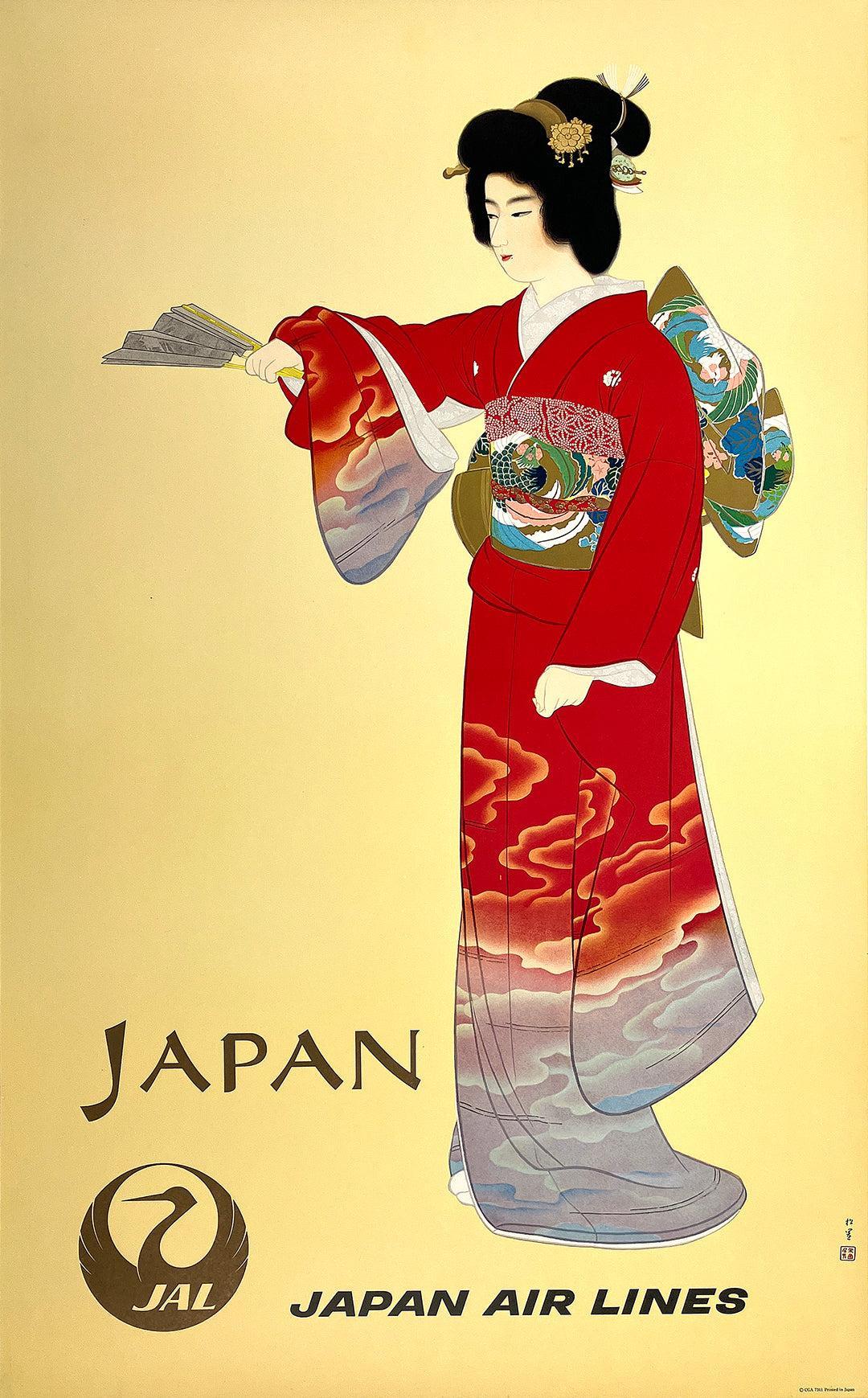 Original Vintage Japan air Lines Red Kimono on Yellow Poster by Uemera Shoen C1960