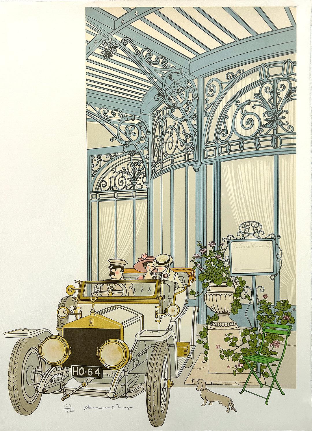 Original Vintage La Grande Cascade French Restaurant Signed Print by Denis Paul Noyer c1979