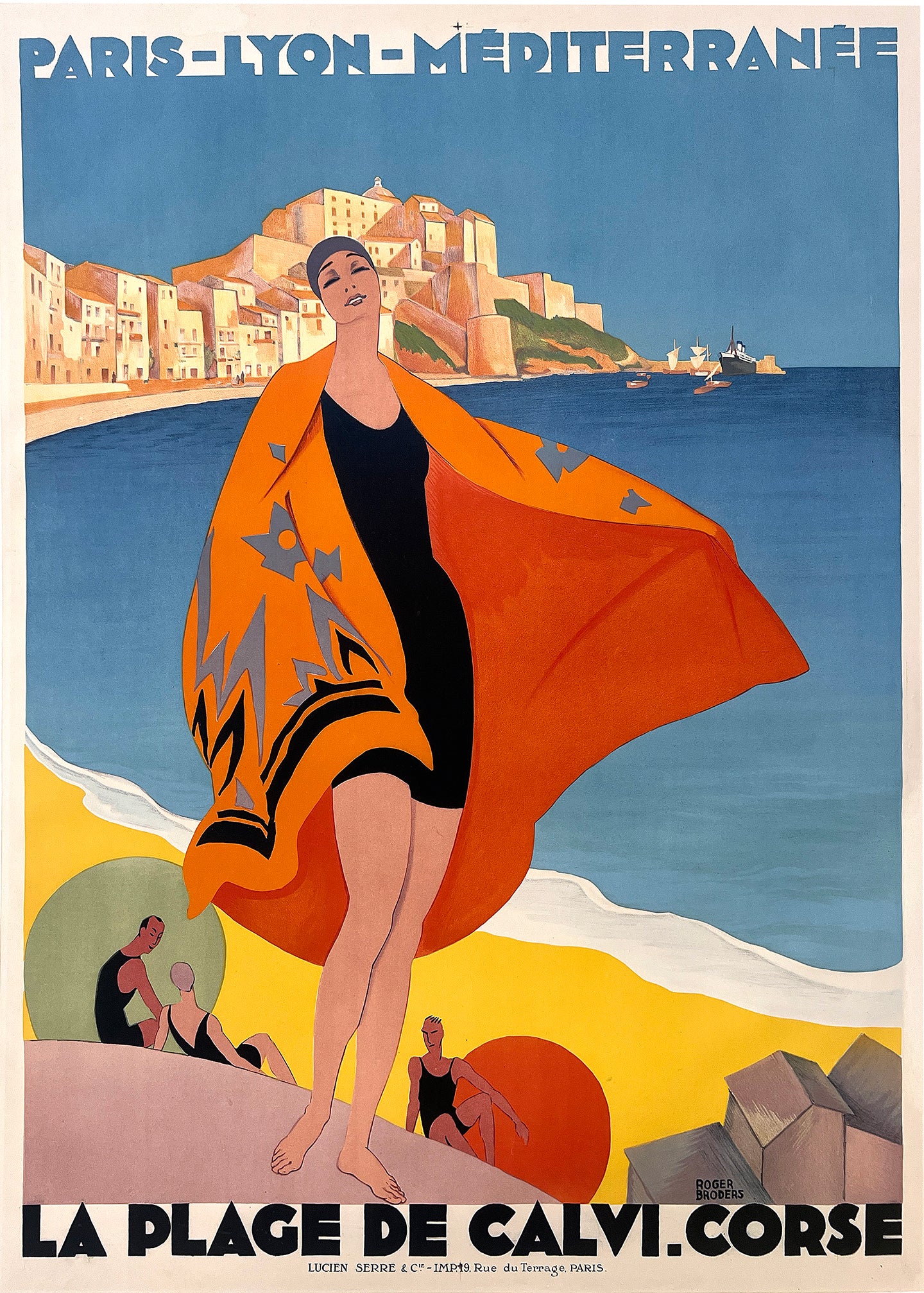 Original Vintage Roger Broders Art Deco La Plage de Calvi PLM Corse Poster 1928 Corsica