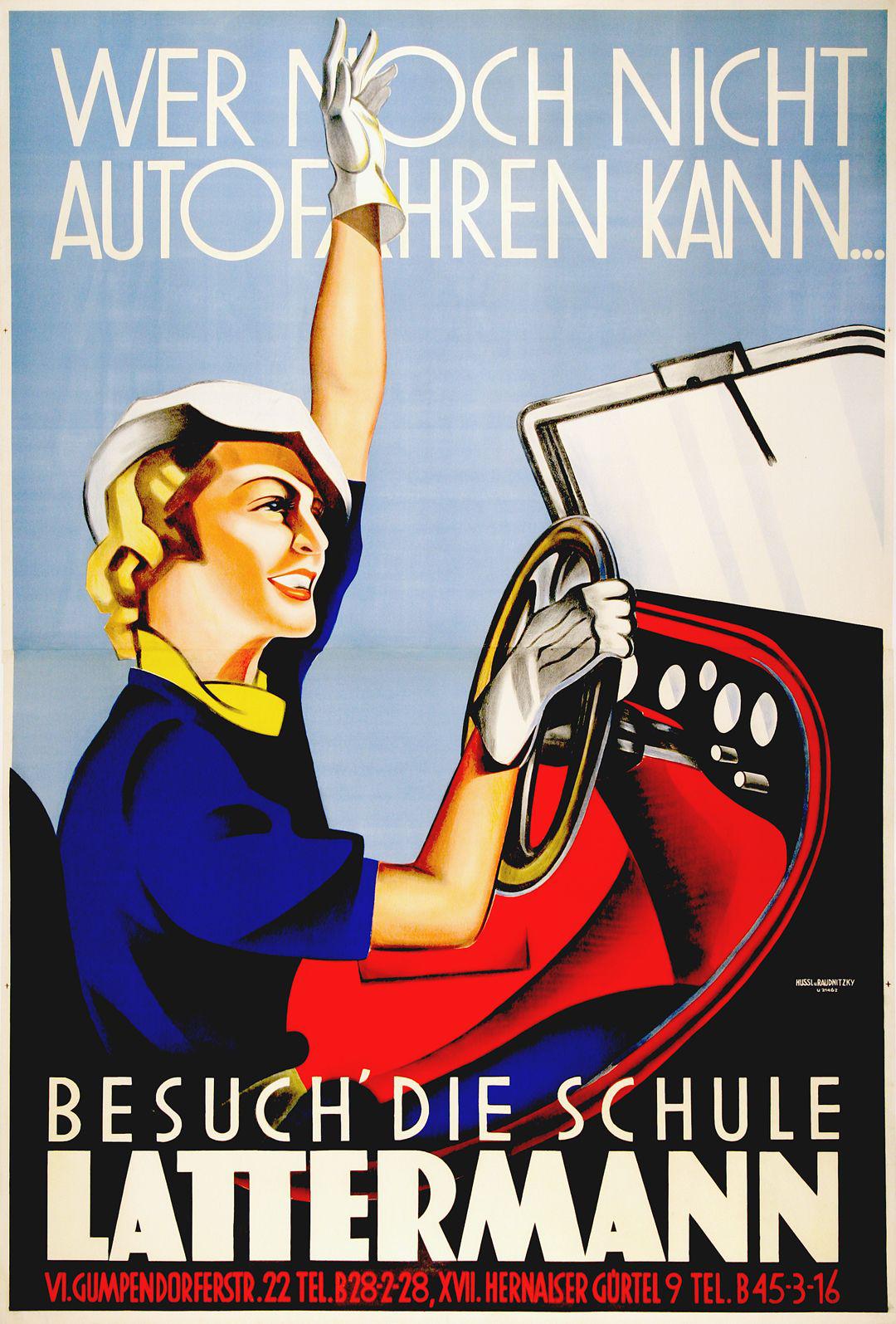Latterman Original Vintage Austrian The School by Ross Group Raudnitsky Driving c1936 Art Poster Rudolf –