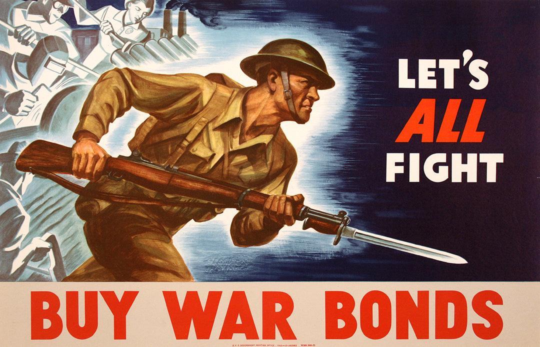 Original Vintage American WWII 1942 Poster - Let's All Fight Buy War Bonds