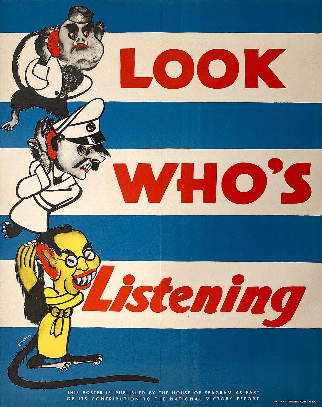 Original Vintage Seagram's Poster Look Who's Listening by Ess.Ar.Gee C1943