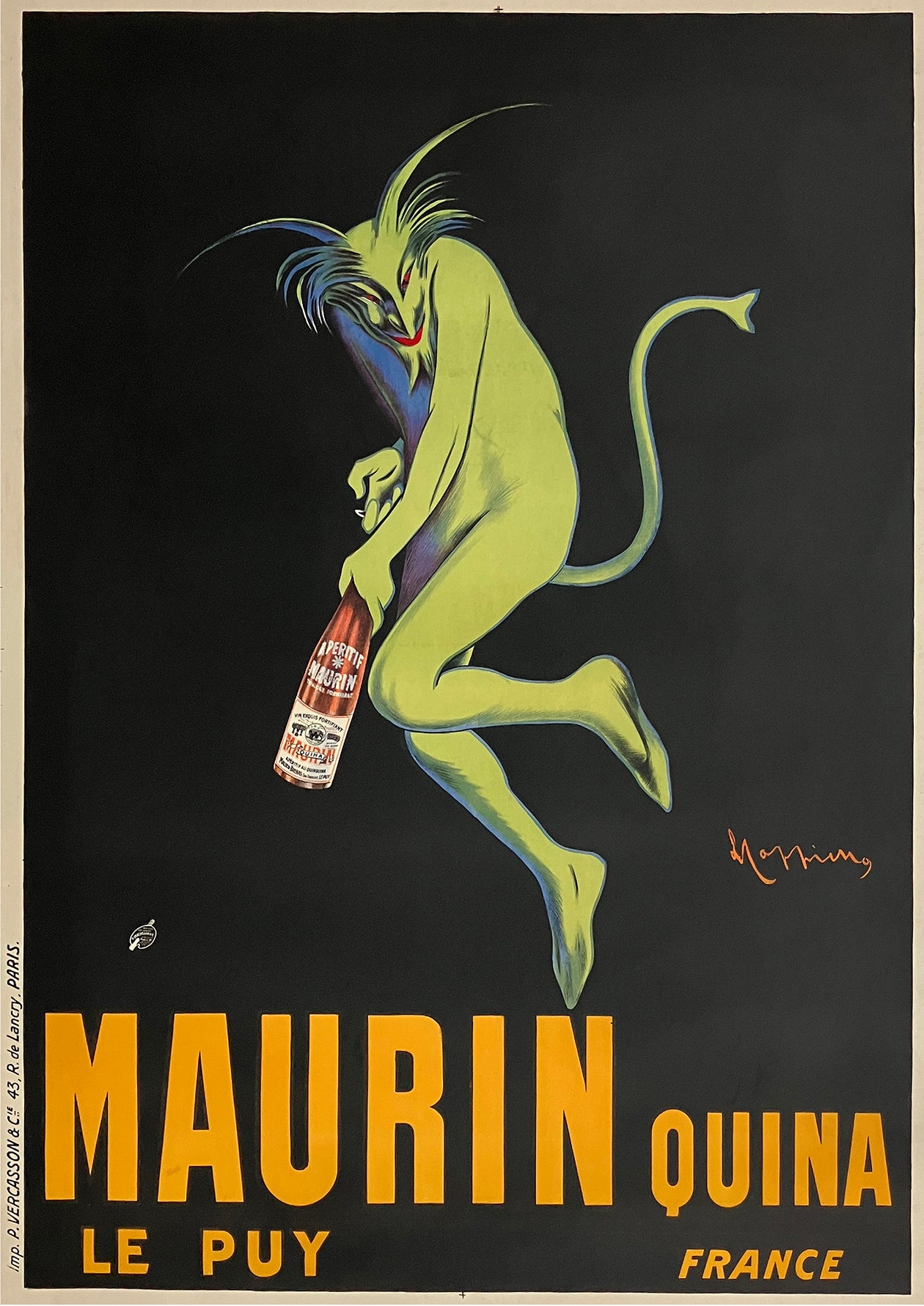 Original Vintage Cappiello Poster Maurin Quina - Green Devil with Bottle c1906