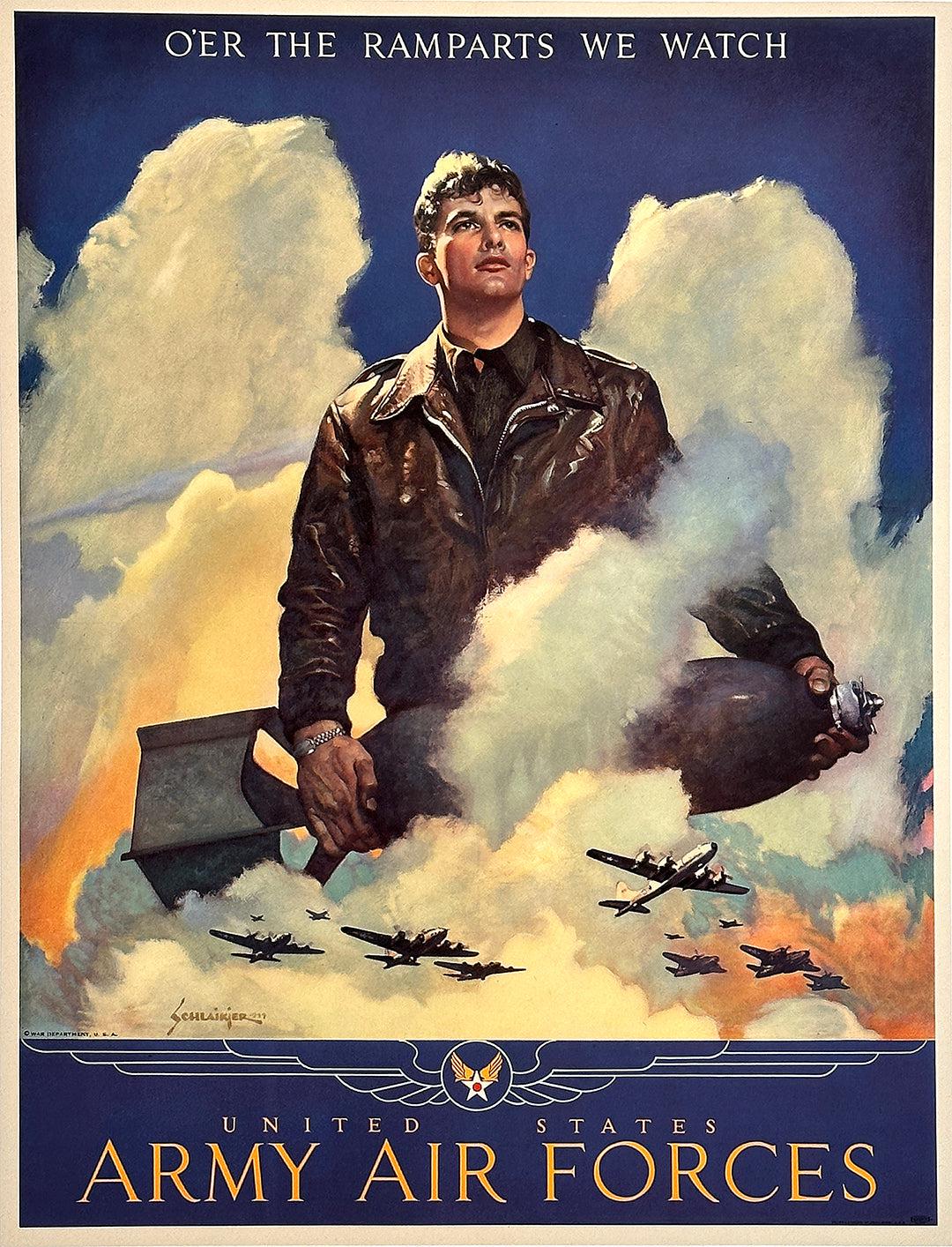 Original Vintage WWII Army Air Forces Poster by Schlaikjer O'er the Ramparts We Watch 1944