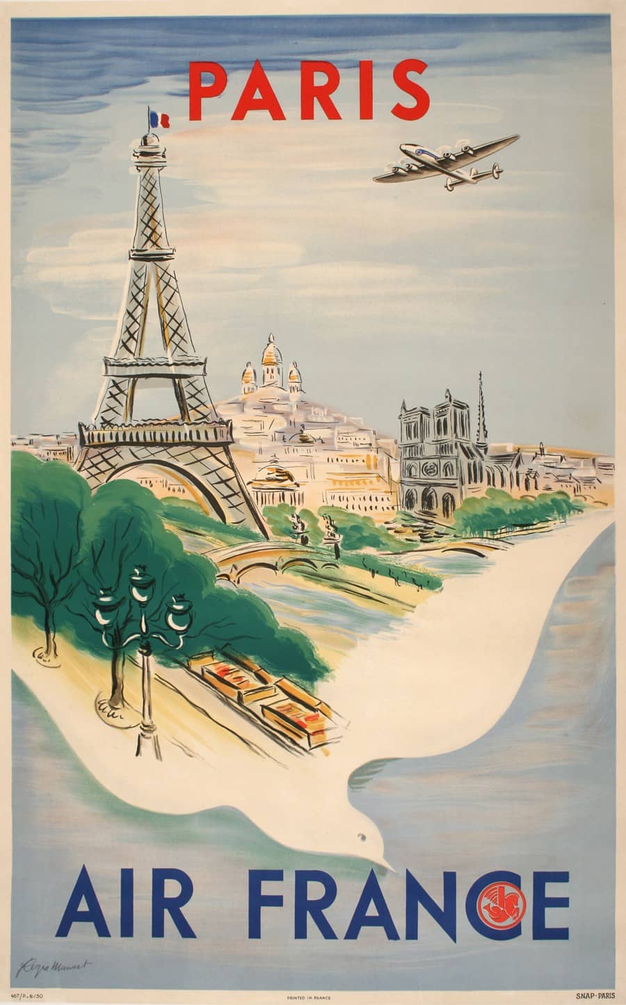 Original 1952 Air France Poster for Travel to Paris by Regis Manset 1952