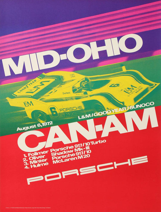 Original Vintage Porsche Car Race Poster Mid-Ohio Can-Am 1972 George Follmer