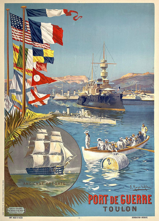 Original Vintage Port de Guerre Toulon Poster by Hugo d'Alesi c1900 Riviera