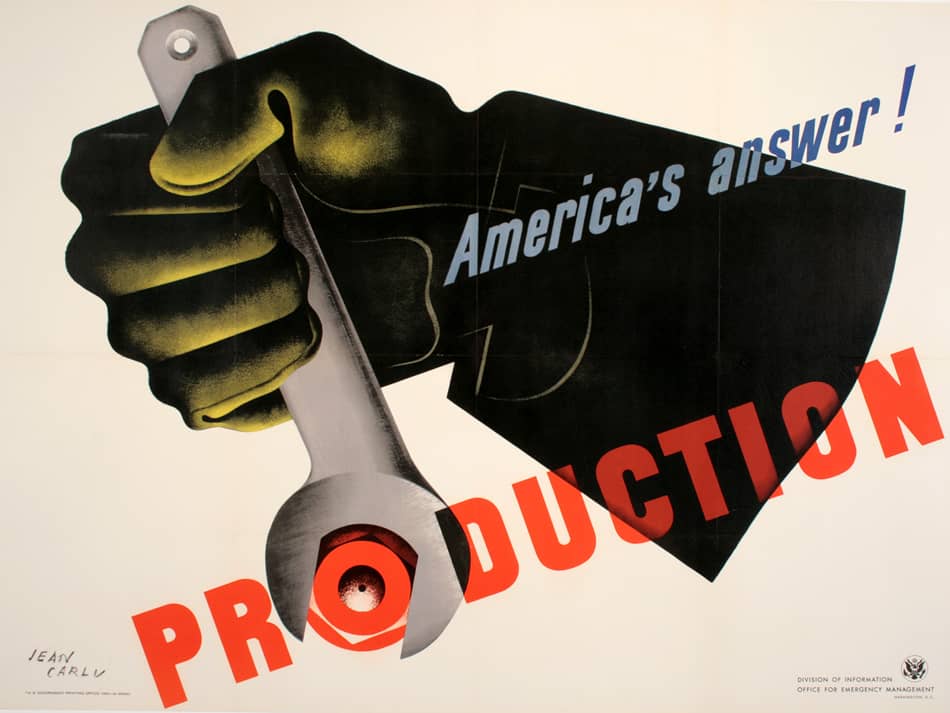 Original Vintage World War Two Production Poster by Jean Carlu 1941