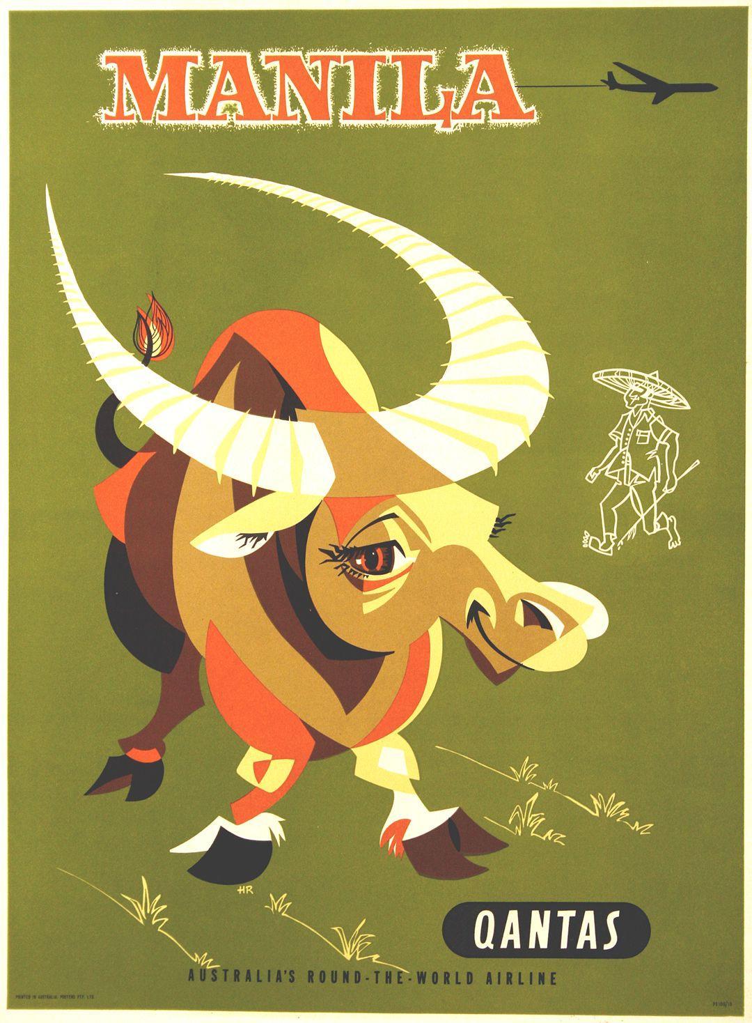 Original Qantas - Manila Carabao Poster c1960 by Harry Rogers