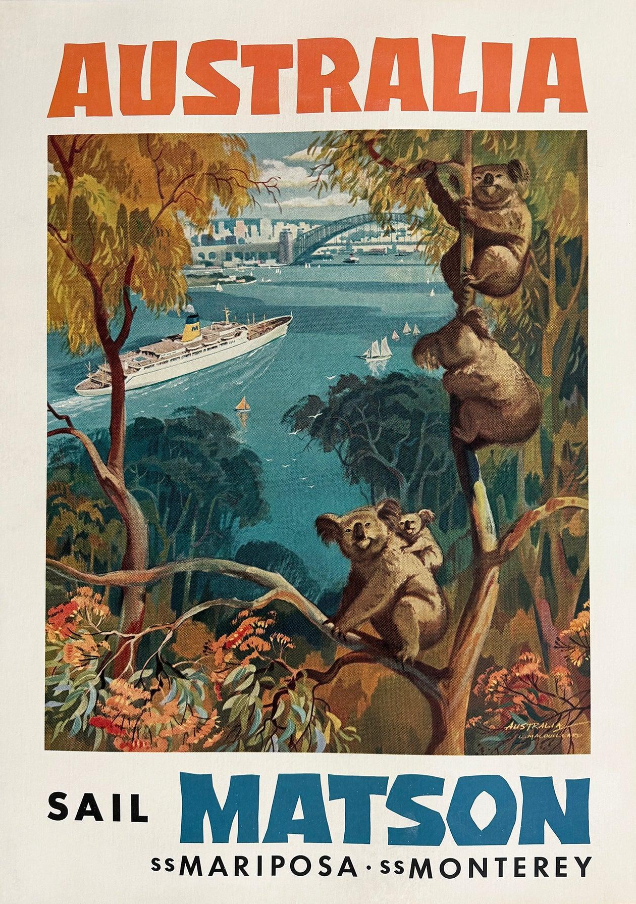 Original Vintage Sail Matson Australia Poster by Louis Macouillard c1955 Koala Bears