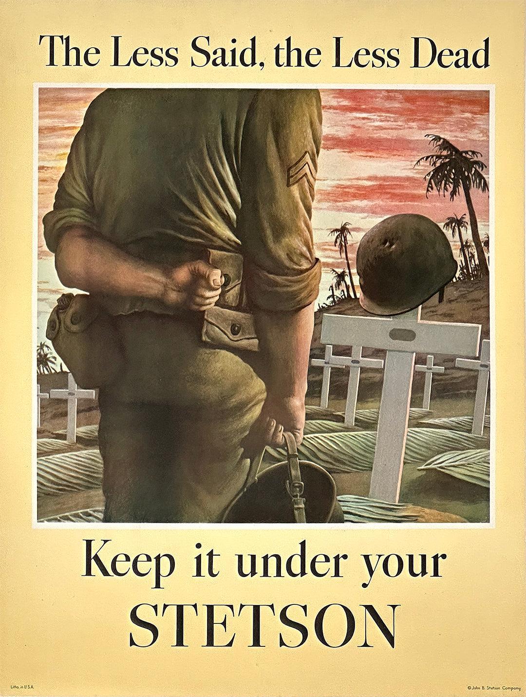 Original Vintage WWII Stetson Hat Poster The Less Said by Robert Riggs 1944 Large