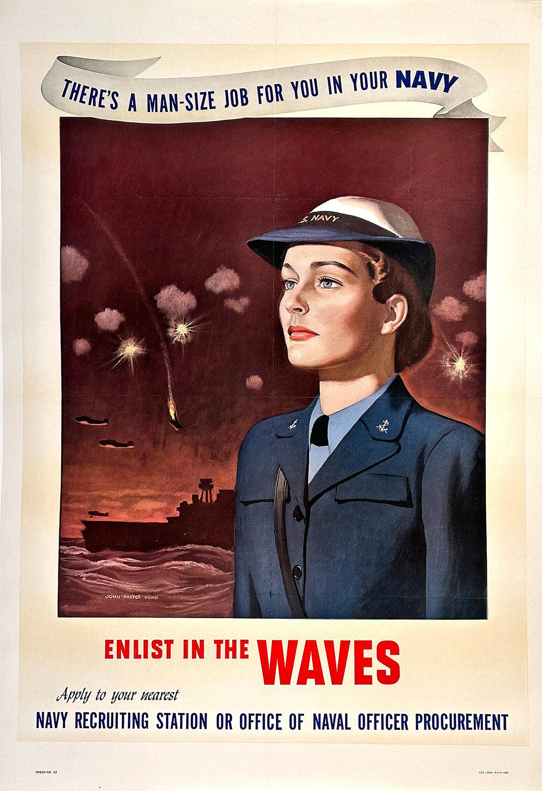 Original Vintage WWII Enlist In The Waves Poster By John Falter 1943 original-vintage-wwii-enlist-in-the-waves-poster-by-john-falter-1943