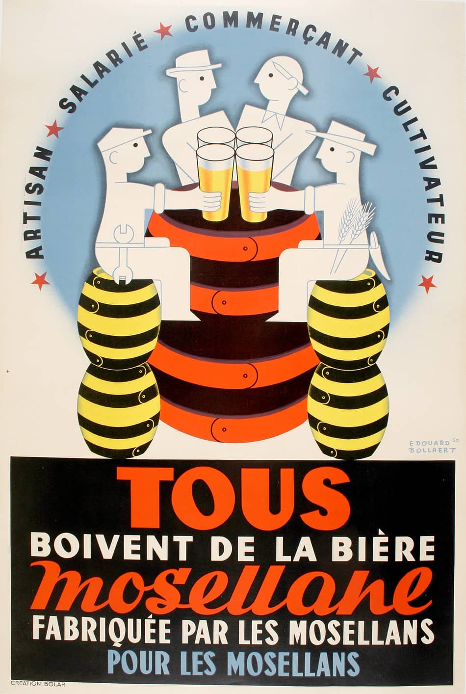 Original Vintage Tous Boivent de la Biere Mosellane - White Poster by Edouard Dolleret C1950