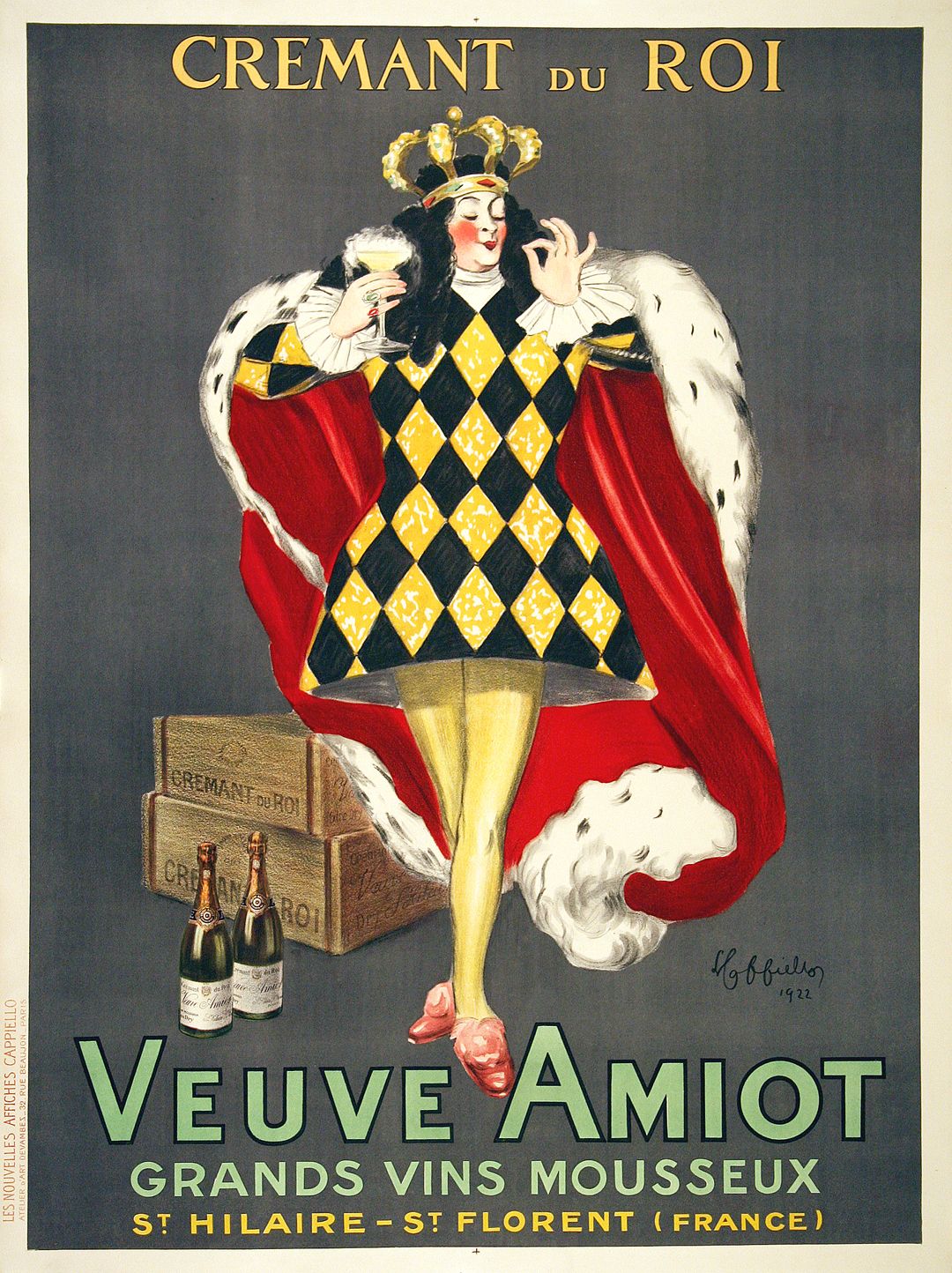 Original Cappiello Vintage Veuve Amiot Champagne King Poster 1922