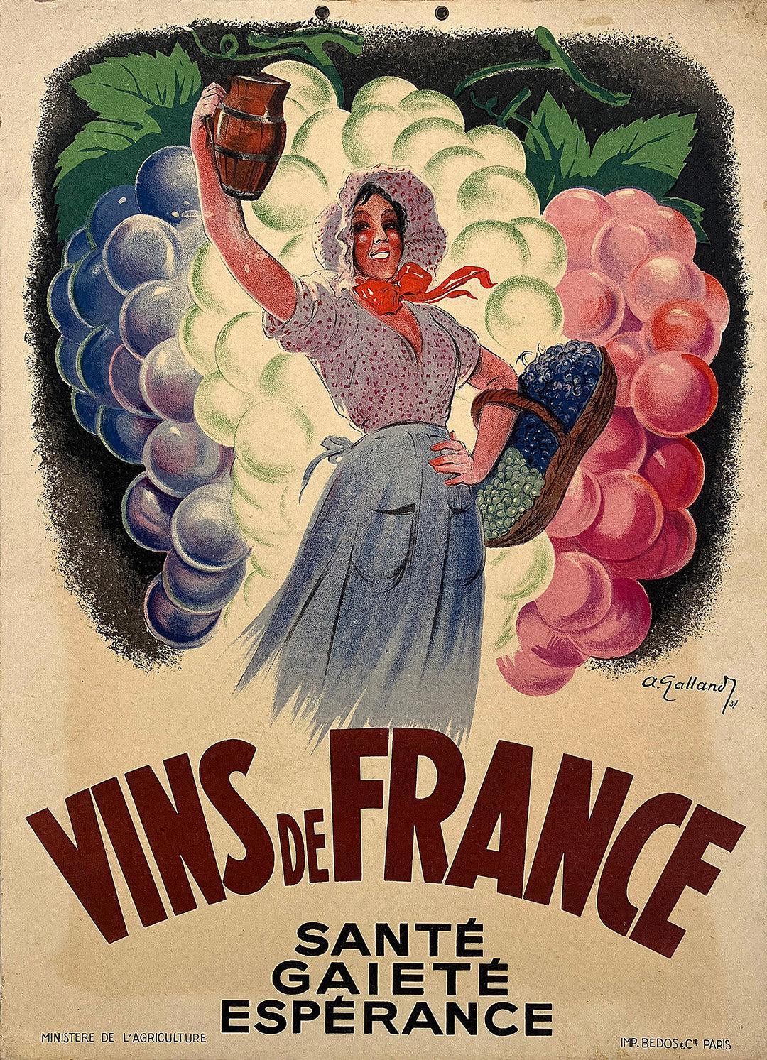 Original Vintage Poster Vins De France by Andre Galland 1937 - Carton