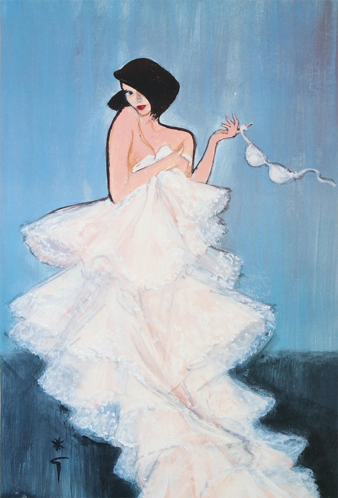 Original Vintage Woman in Blue Print by Rene Gruau 1965