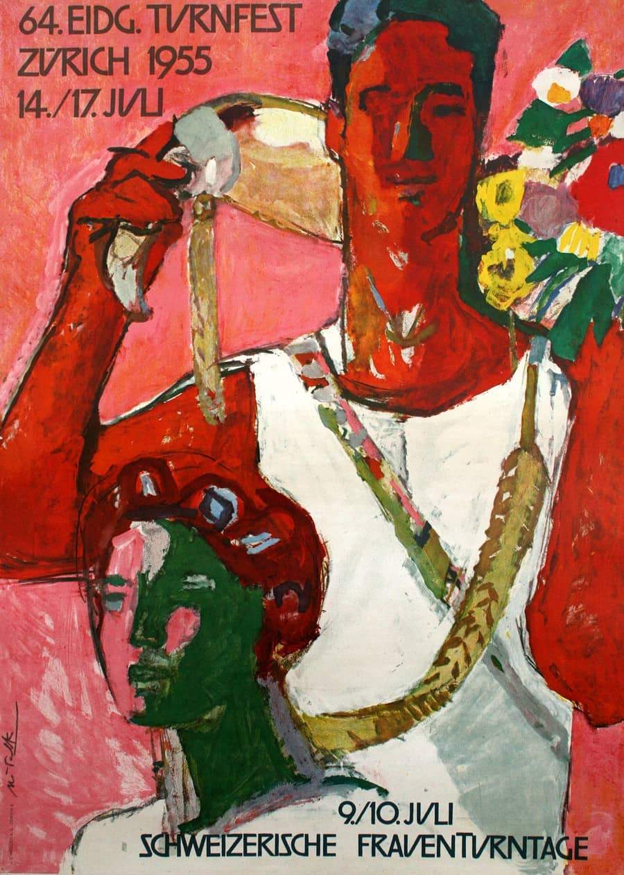 Original Hans Falk Swiss Poster for Turnfest Zurich 1955