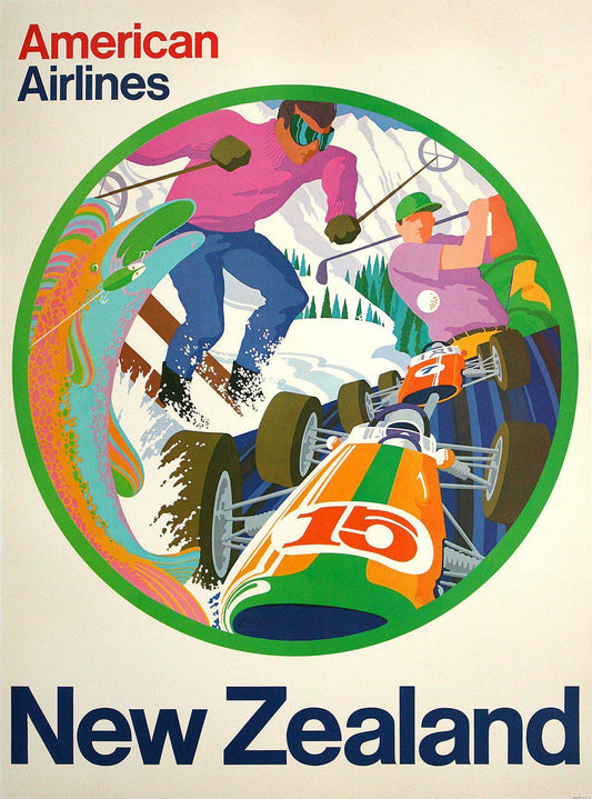 Original Vintage New Zealand American Airlines Poster c1970