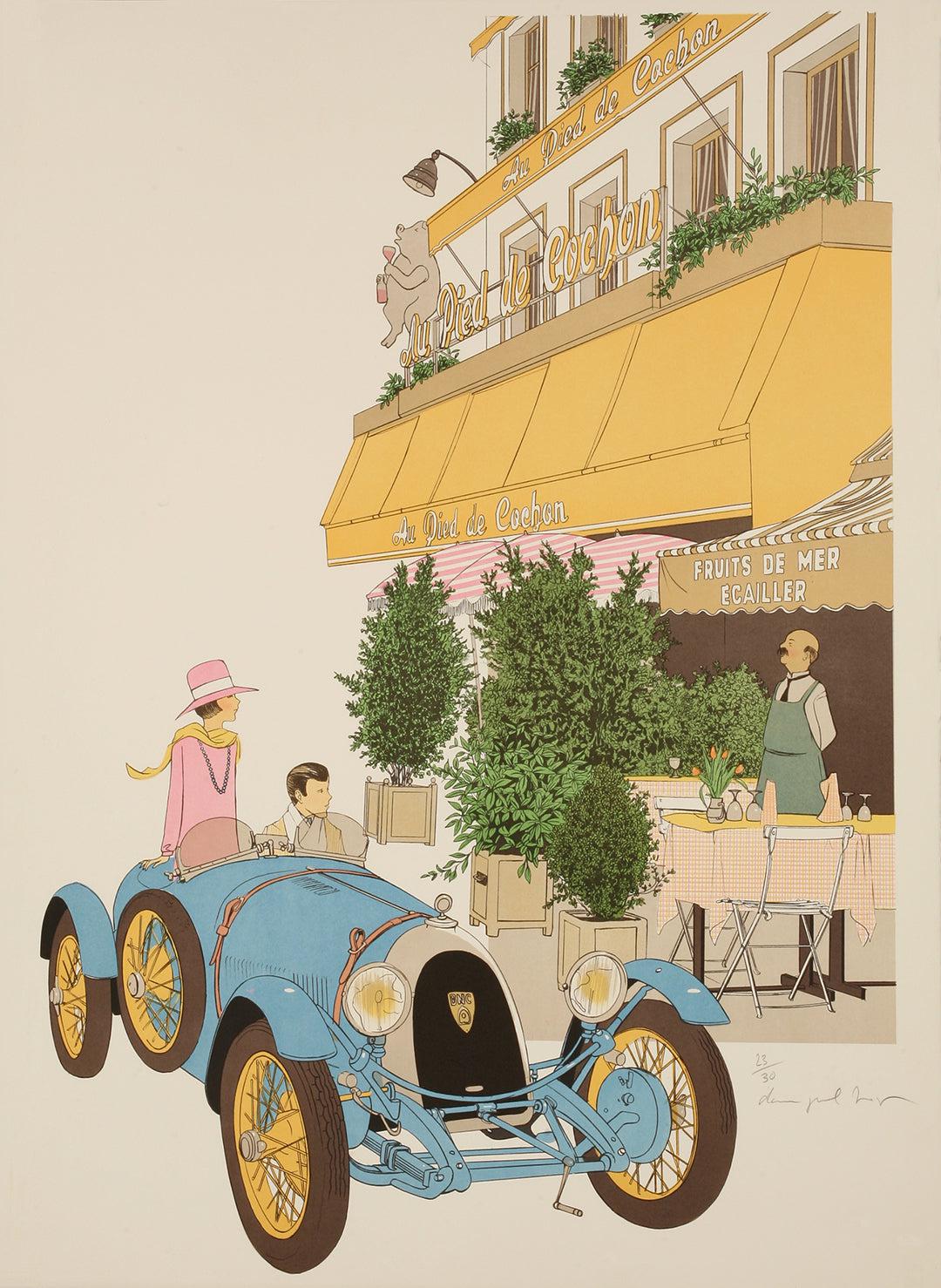 Original Vintage Au Pied de Cochon French Restaurant Signed Print by Denis Paul Noyer c1979