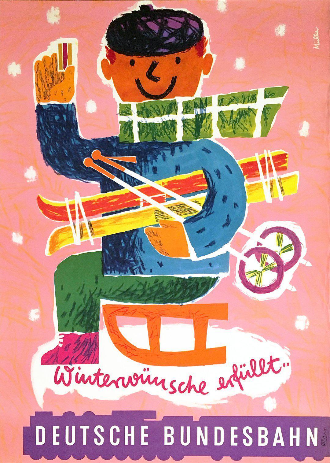 Original Vintage Train Poster Deutsche Bundesbahn by Erika Muller c1950 Ski