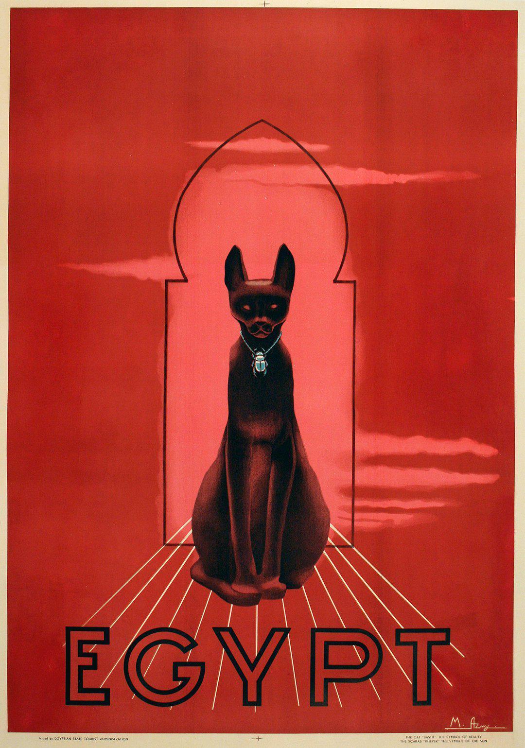 Original Vintage Travel Poster Egypt Bastet Cat by Azmy c1938